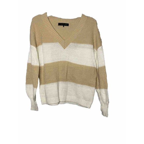 House Of Harlow 1960 X REVOLVE Ribbed Knit V-Neck Stripe Sweater White Tan XS - Picture 1 of 8